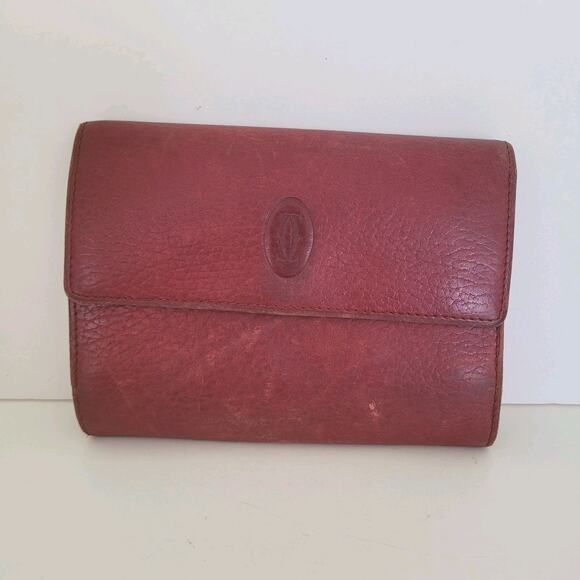 Cartier Paris Vintage Wallet Trifold Leather Bordeaux Red Medium Retro Kisslock - Picture 1 of 12